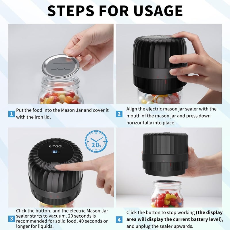 KITOOL Electric Mason Jar Vacuum Sealer Kit for Wide-Mouth & Regular-Mouth Mason Jars, Food Saver Vacuum Canning Sealer Machine Includes 10 Jar Lids - Image 4